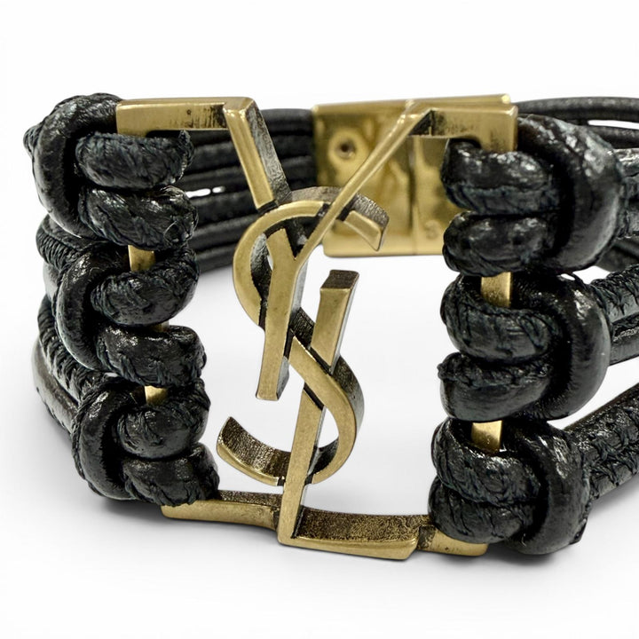美品◇SAINT LAURENT サンローラン バビロン コード YSLロゴ レザー ブレスレット ブラック ゴールド金具 S レディース 箱・保存袋付き