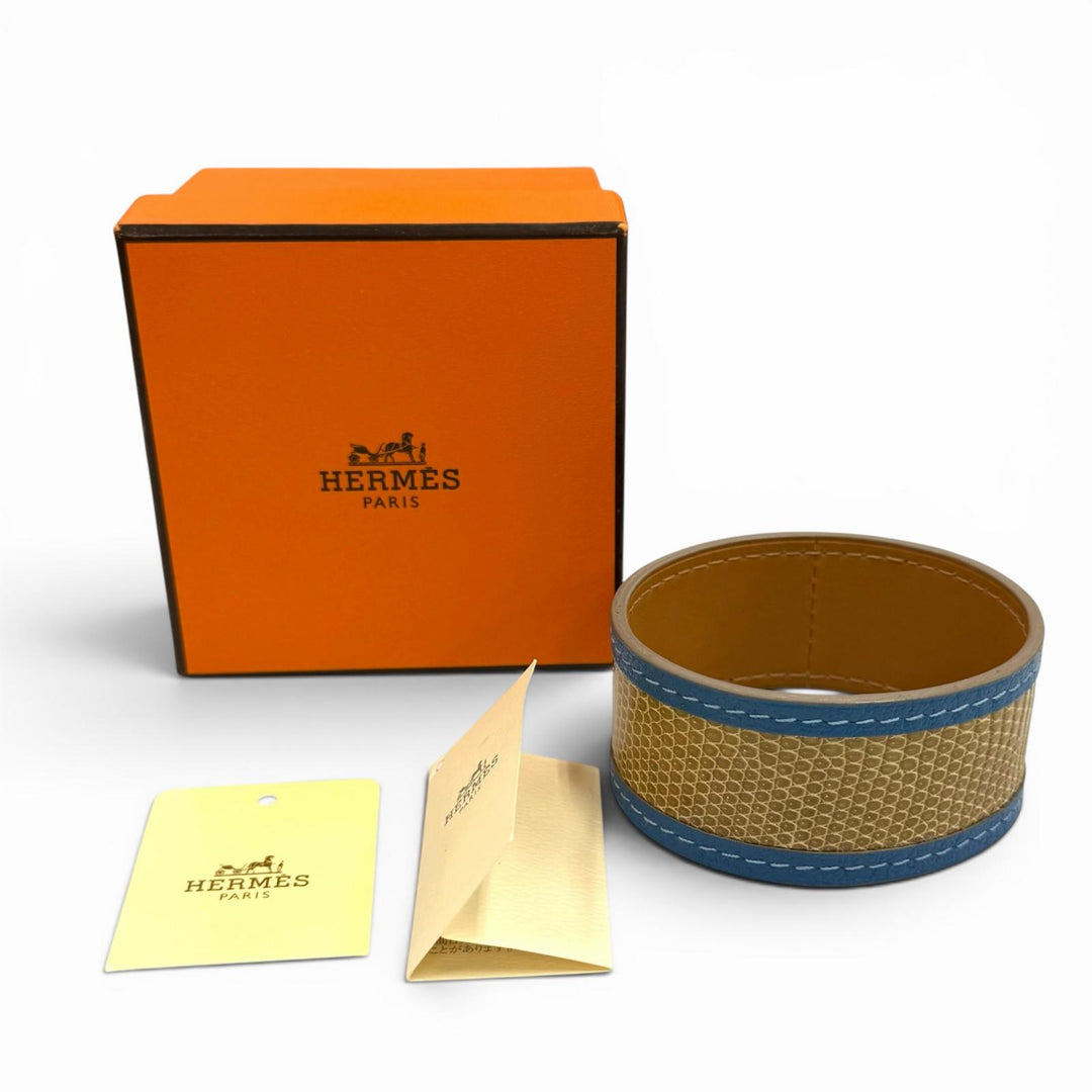 極美品★HERMES エルメス プティアッシュ リザード ワイドバングル アクセサリー ベージュ ブルー レディース 箱付き