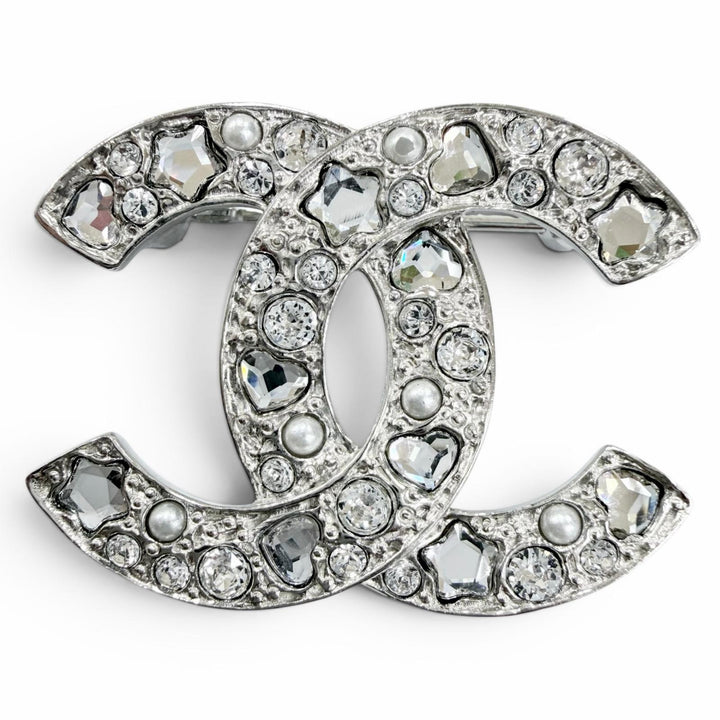 極美品☆CHANEL シャネル B25P ココマーク スター・ハート・Fパール ラインストーン ブローチ シルバー イタリア製 レディース 箱・袋付
