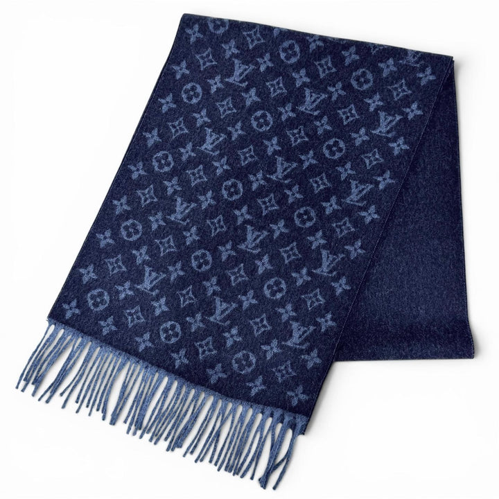 極美品△LOUIS VUITTON ルイヴィトン M70257 エシャルプ モノグラム グラディエント カシミヤ ウール フリンジ マフラー ネイビー 伊製