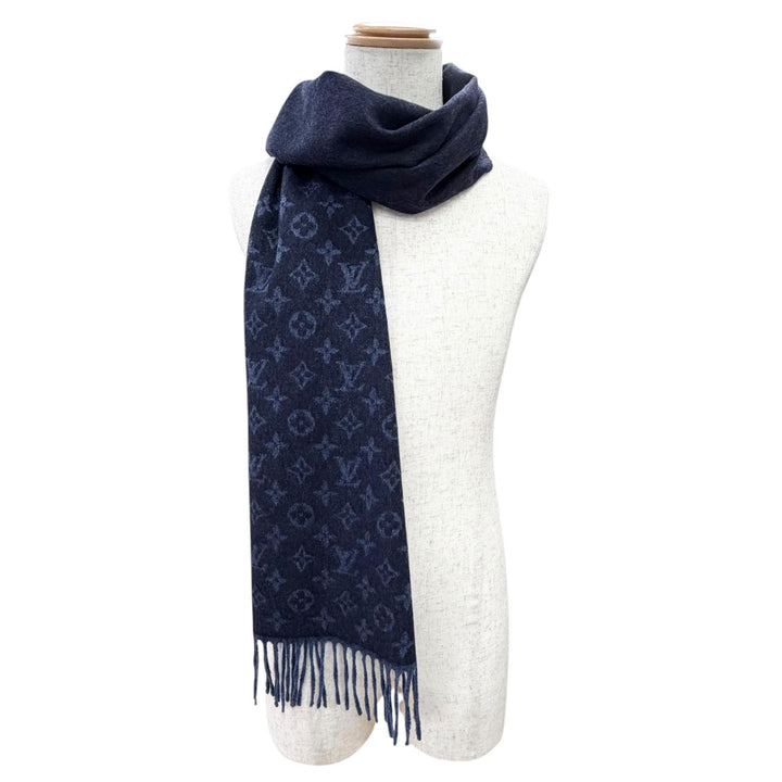 極美品△LOUIS VUITTON ルイヴィトン M70257 エシャルプ モノグラム グラディエント カシミヤ ウール フリンジ マフラー ネイビー 伊製
