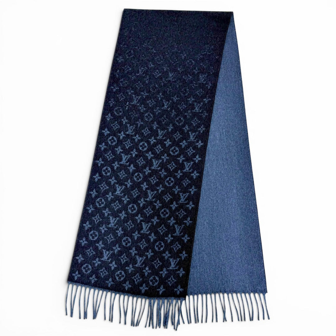 極美品△LOUIS VUITTON ルイヴィトン M70257 エシャルプ モノグラム グラディエント カシミヤ ウール フリンジ マフラー ネイビー 伊製