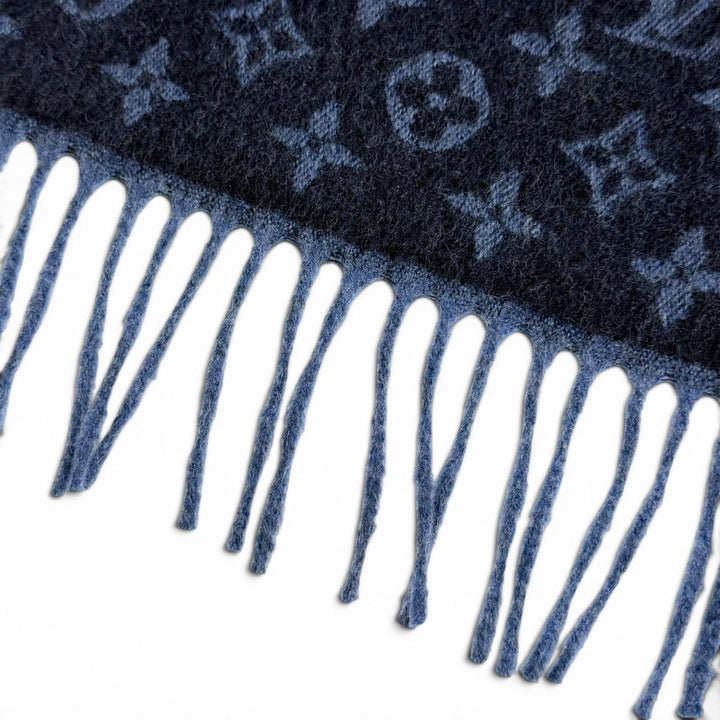 極美品△LOUIS VUITTON ルイヴィトン M70257 エシャルプ モノグラム グラディエント カシミヤ ウール フリンジ マフラー ネイビー 伊製