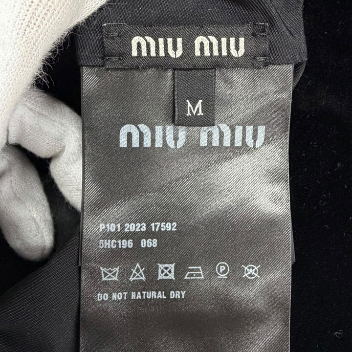 美品△MIUMIU ミュウミュウ 5HC196 コットン100％ ロゴ刺繍 ベロア バケットハット 帽子 ブラック M 58cm イタリア製 正規品 保存袋付き