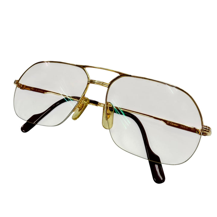 美品▼Cartier カルティエ ヴィンテージ トリニティ ツーブリッジ ハーフリム メガネ 眼鏡 アイウェア ゴールド 58□15 135 度入り 仏製