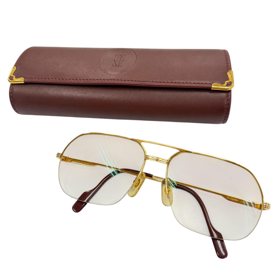 美品▼Cartier カルティエ ヴィンテージ トリニティ ツーブリッジ ハーフリム メガネ 眼鏡 アイウェア ゴールド 58□15 135 度入り 仏製