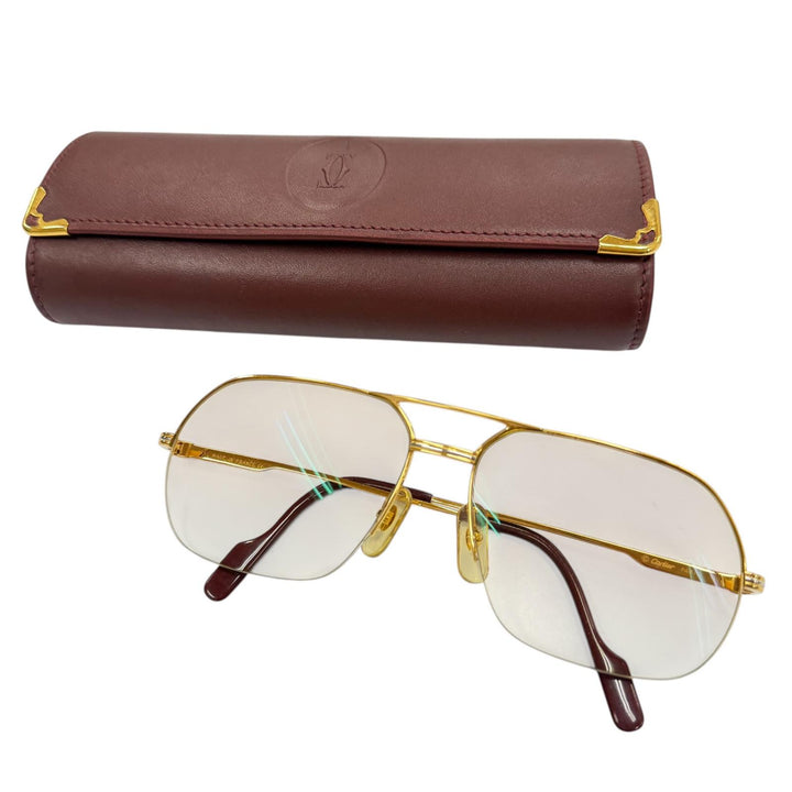 美品▼Cartier カルティエ ヴィンテージ トリニティ ツーブリッジ ハーフリム メガネ 眼鏡 アイウェア ゴールド 58□15 135 度入り 仏製