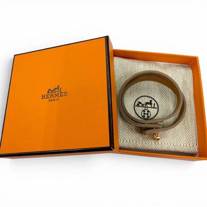 未使用品☆HERMES エルメス ミニケリードゥブルトゥールジョーヌプッサン ピンクゴールド金具 レザー ブレスレット T2 W刻 箱・保存袋付