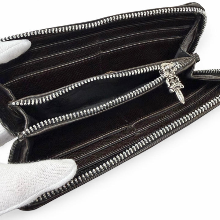 良品□CHROME HEARTS クロムハーツ REC F ZIP レザー フィリグリープラス ダガーZIP ロングウォレット 長財布 ダークブラウン シルバー