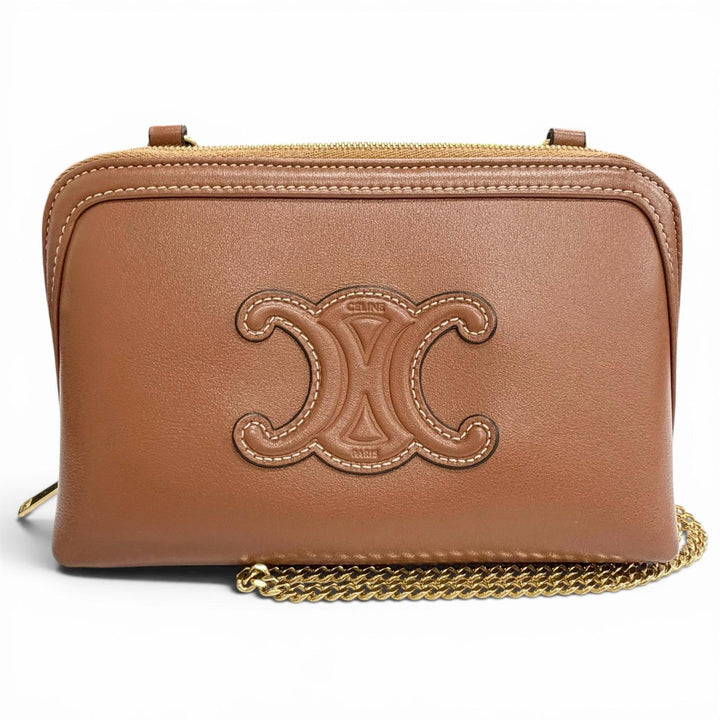 美品△CELINE セリーヌ 10E383DR8 スムースカーフスキン キュイルトリオンフ チェーンクラッチ ショルダーバッグ タン ブラウン 伊製