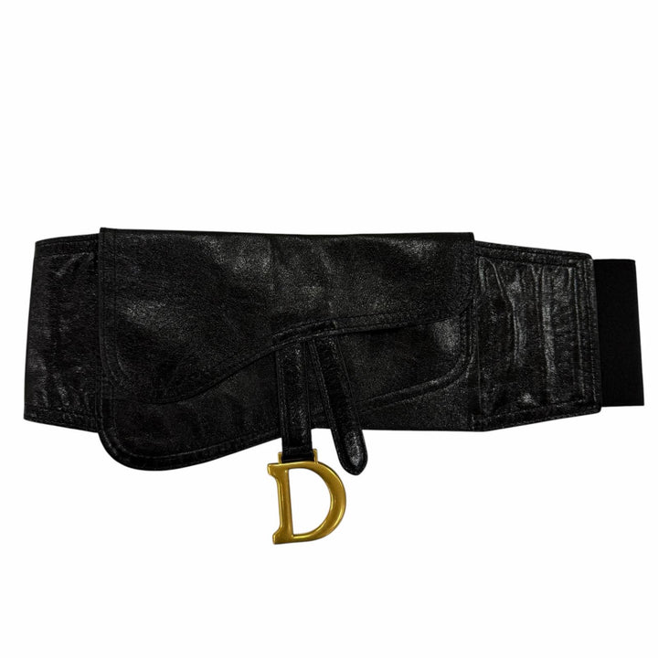 極美品☆Christian Dior クリスチャンディオール ヴィンテージ 35-MA-0169 ロゴ金具 サドル レザー ベルト ブラック ゴールド金具