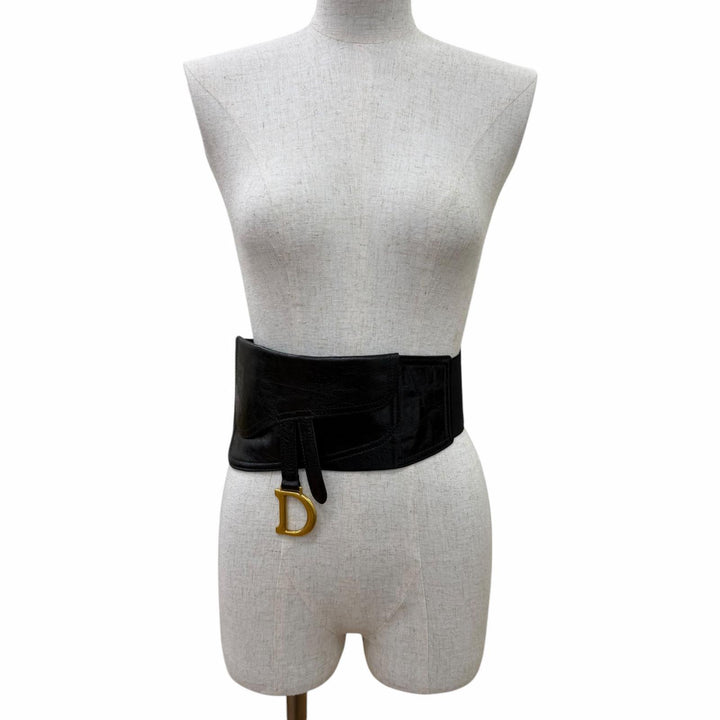 極美品☆Christian Dior クリスチャンディオール ヴィンテージ 35-MA-0169 ロゴ金具 サドル レザー ベルト ブラック ゴールド金具