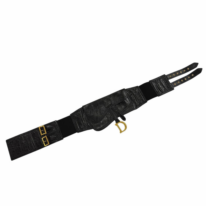 極美品☆Christian Dior クリスチャンディオール ヴィンテージ 35-MA-0169 ロゴ金具 サドル レザー ベルト ブラック ゴールド金具