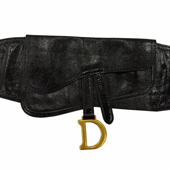 極美品☆Christian Dior クリスチャンディオール ヴィンテージ 35-MA-0169 ロゴ金具 サドル レザー ベルト ブラック ゴールド金具