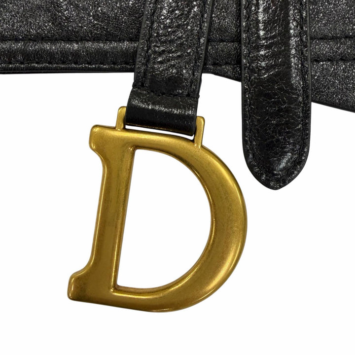 極美品☆Christian Dior クリスチャンディオール ヴィンテージ 35-MA-0169 ロゴ金具 サドル レザー ベルト ブラック ゴールド金具