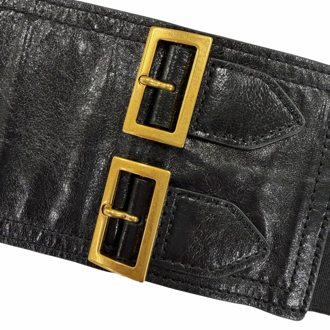 極美品☆Christian Dior クリスチャンディオール ヴィンテージ 35-MA-0169 ロゴ金具 サドル レザー ベルト ブラック ゴールド金具