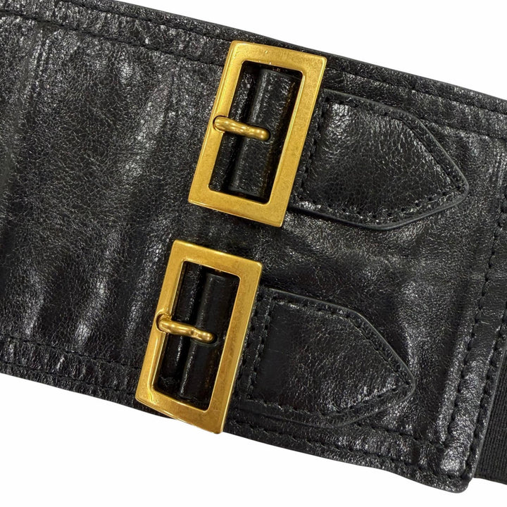 極美品☆Christian Dior クリスチャンディオール ヴィンテージ 35-MA-0169 ロゴ金具 サドル レザー ベルト ブラック ゴールド金具