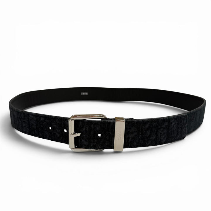 美品▼DIOR ディオール オム キャンバス レザー オブリーク ピンバックル ベルト ブラック シルバー金具 100 イタリア製 メンズ