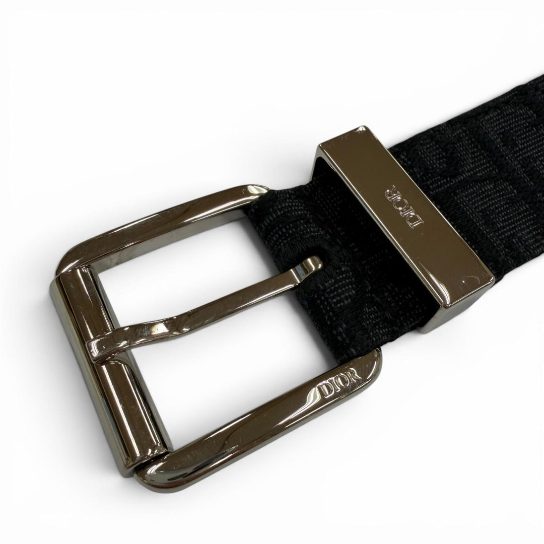 美品▼DIOR ディオール オム キャンバス レザー オブリーク ピンバックル ベルト ブラック シルバー金具 100 イタリア製 メンズ