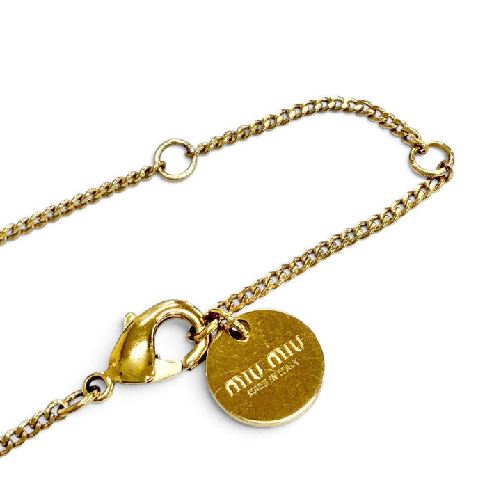 美品△MIUMIU ミュウミュウ 5JC756 GP ロゴ フェイクパール チェーン ネックレス アクセサリー ゴールド 伊製 レディース 箱・保存袋付き