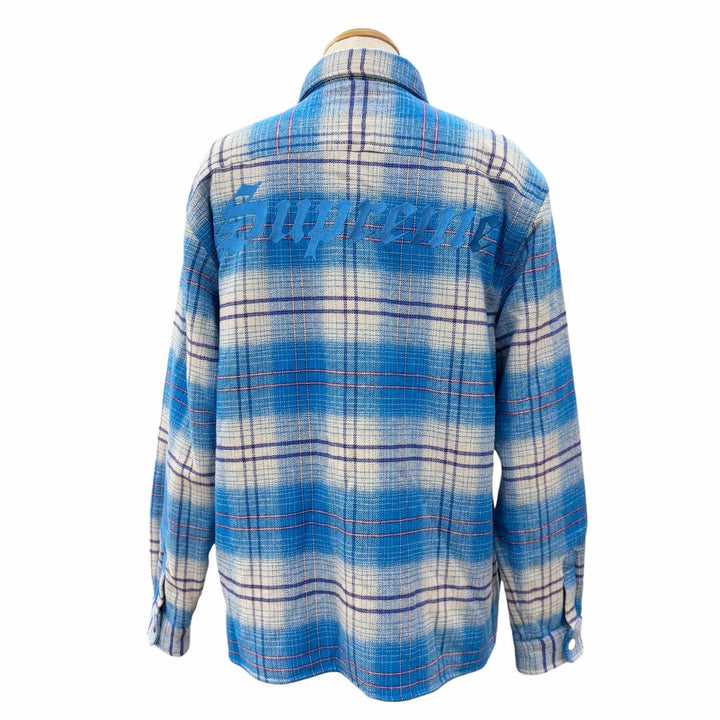 極美品▼Supreme シュプリーム 23AW LINED FLANNEL SNAP SHIRT バックロゴ刺繍 裏地ボア 長袖シャツ ジャケット ブルー M 正規品 メンズ