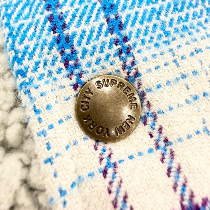 極美品▼Supreme シュプリーム 23AW LINED FLANNEL SNAP SHIRT バックロゴ刺繍 裏地ボア 長袖シャツ ジャケット ブルー M 正規品 メンズ