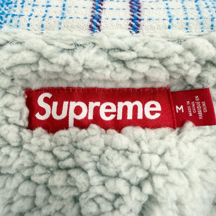 極美品▼Supreme シュプリーム 23AW LINED FLANNEL SNAP SHIRT バックロゴ刺繍 裏地ボア 長袖シャツ ジャケット ブルー M 正規品 メンズ