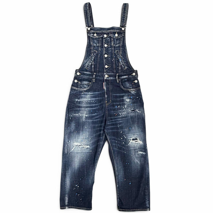 極美品△DSQUARED2 ディースクエアード 22SS S75FP0145 コットン ペイント ダメージ加工 デニム サロペット インディゴブルー 38 正規品