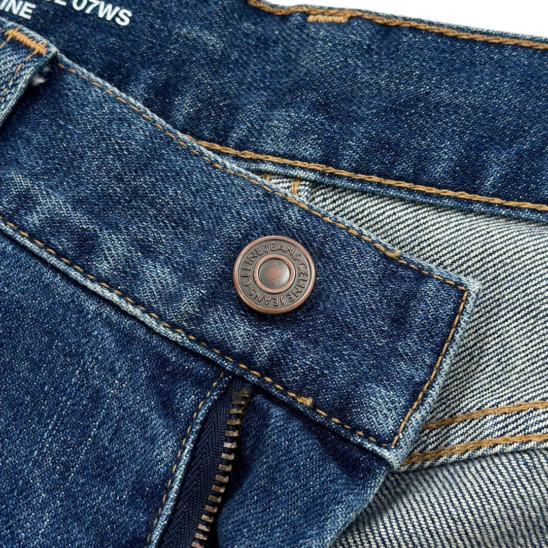 極美品▲CELINE セリーヌ N112 640E 07WS ロゴボタン ウォッシュ加工 スキニー デニムパンツ インディゴ 28 日本製 正規品 レディース