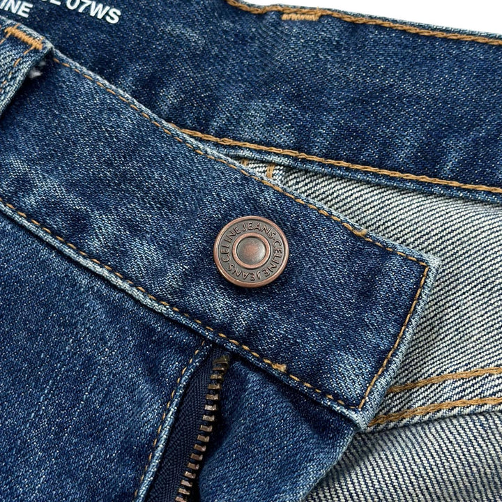 極美品▲CELINE セリーヌ N112 640E 07WS ロゴボタン ウォッシュ加工 スキニー デニムパンツ インディゴ 28 日本製 正規品 レディース