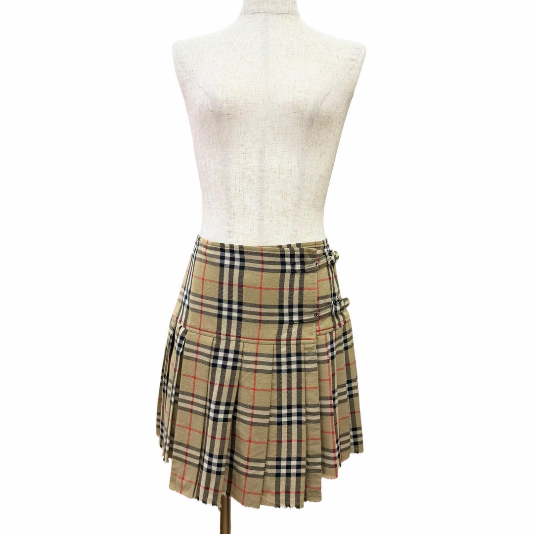 極美品△BURBERRY バーバリー 8025832 コットン100％ ノバチェック柄 裾カットオフ プリーツ ラップスカート ミニ丈 ベージュ 38 正規品