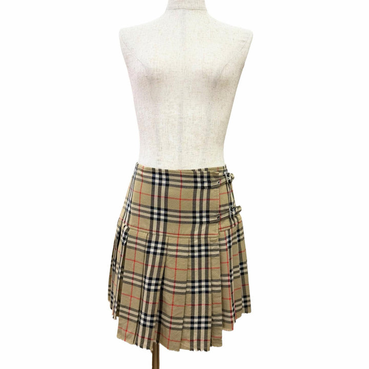 極美品△BURBERRY バーバリー 8025832 コットン100％ ノバチェック柄 裾カットオフ プリーツ ラップスカート ミニ丈 ベージュ 38 正規品
