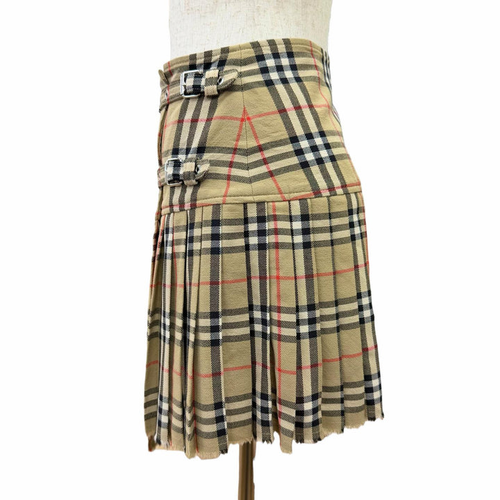 極美品△BURBERRY バーバリー 8025832 コットン100％ ノバチェック柄 裾カットオフ プリーツ ラップスカート ミニ丈 ベージュ 38 正規品