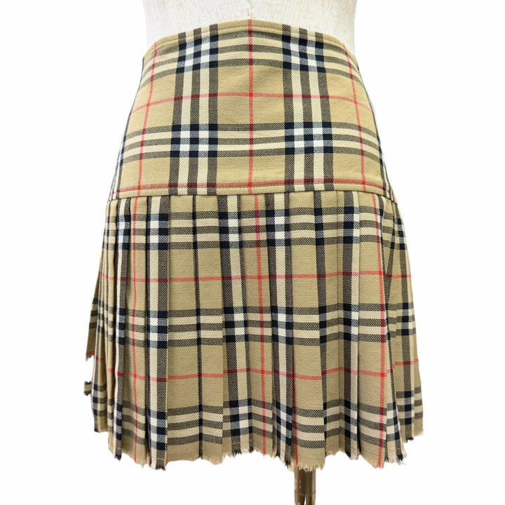 極美品△BURBERRY バーバリー 8025832 コットン100％ ノバチェック柄 裾カットオフ プリーツ ラップスカート ミニ丈 ベージュ 38 正規品