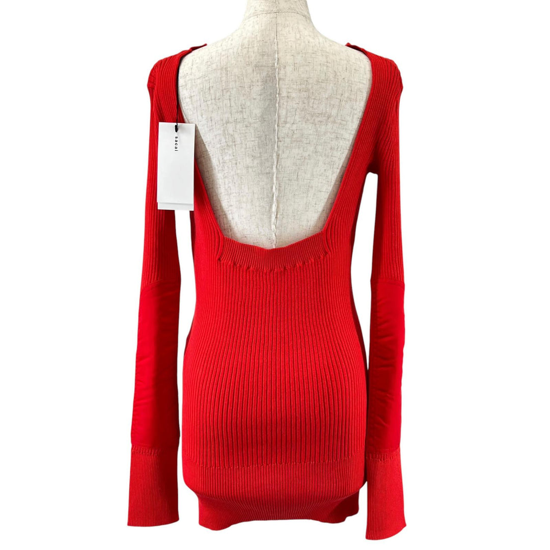極美品▲Sacai サカイ 21-05552 コットン シルク混 バックオープン リブ ニット ワンピース ミニドレス レッド 1 正規品 レディース