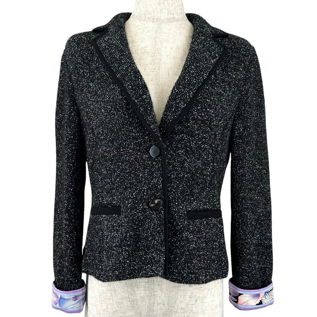 極美品▲LEONARD FASHION レオナール ファッション 0387710 ロゴボタン 袖口花柄 ジャケット ブラック ラメ 34 日本製 正規品 レディース