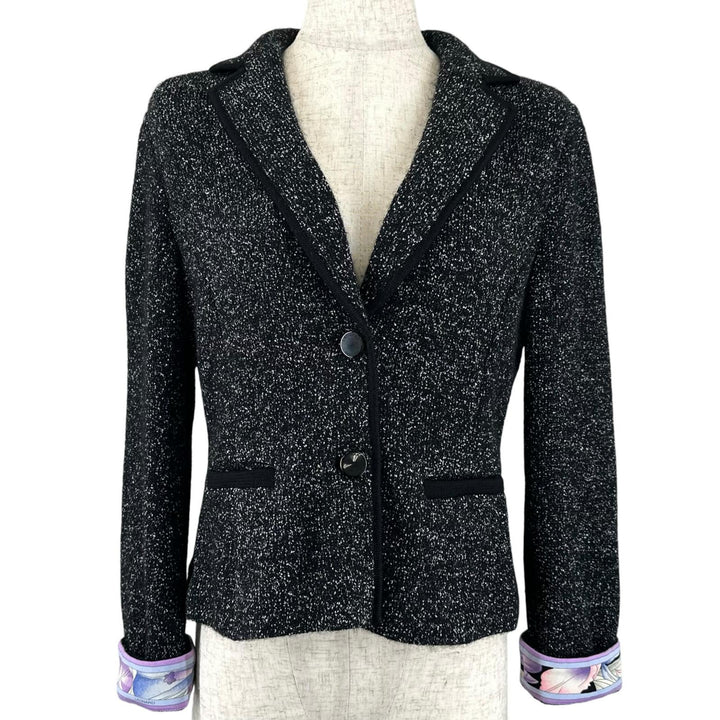 極美品▲LEONARD FASHION レオナール ファッション 0387710 ロゴボタン 袖口花柄 ジャケット ブラック ラメ 34 日本製 正規品 レディース