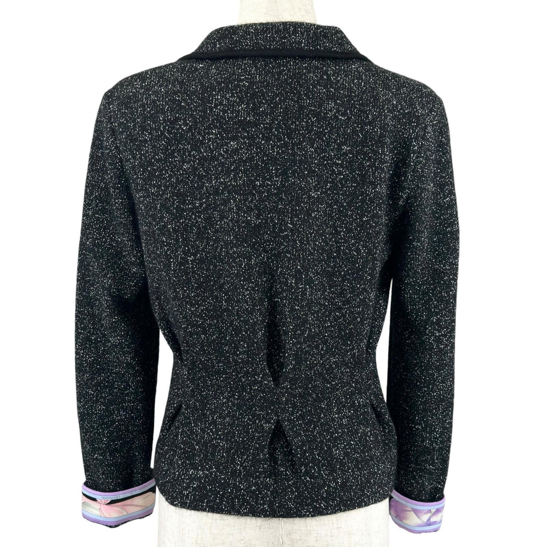 極美品▲LEONARD FASHION レオナール ファッション 0387710 ロゴボタン 袖口花柄 ジャケット ブラック ラメ 34 日本製 正規品 レディース