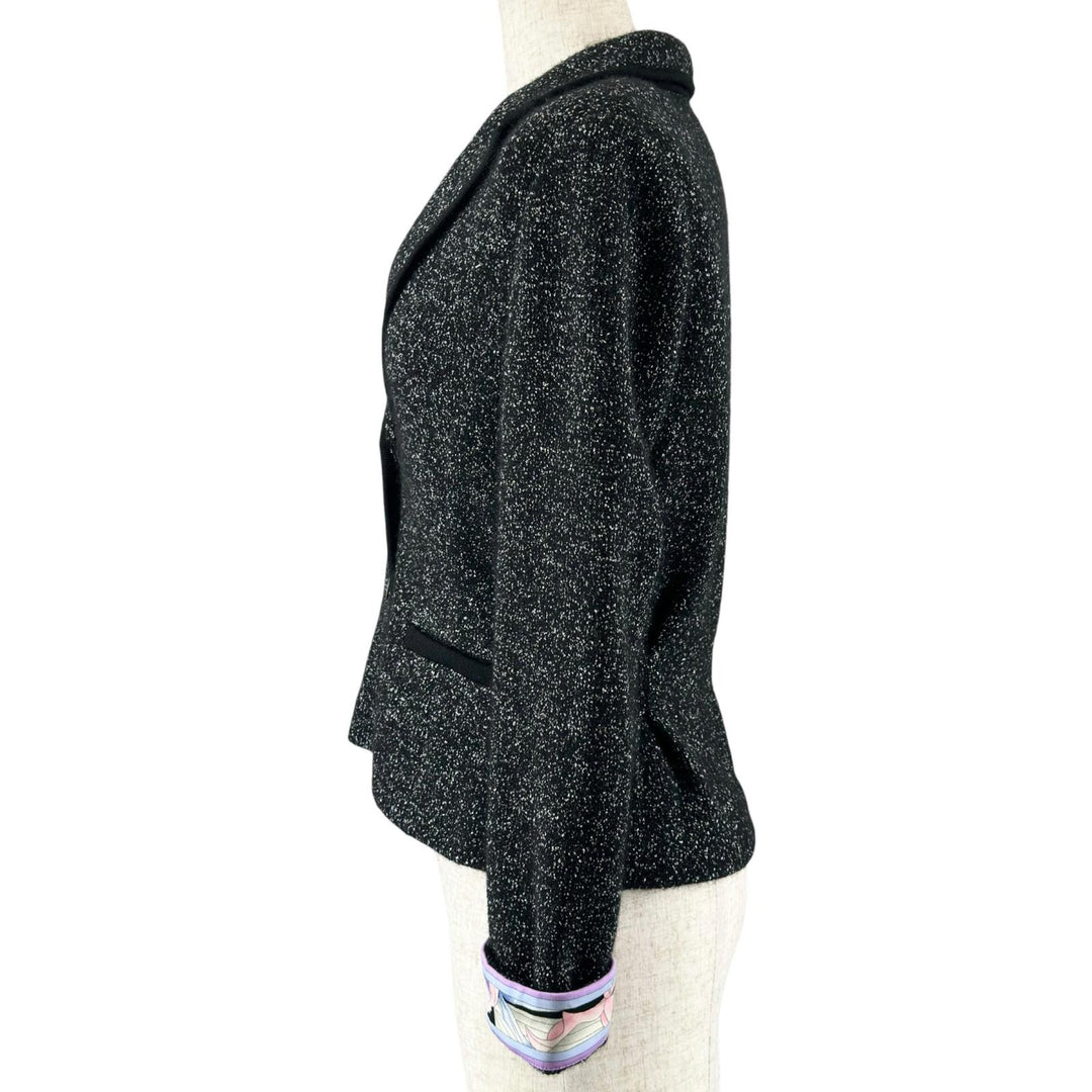 極美品▲LEONARD FASHION レオナール ファッション 0387710 ロゴボタン 袖口花柄 ジャケット ブラック ラメ 34 日本製 正規品 レディース