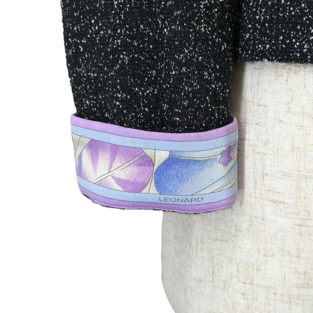 極美品▲LEONARD FASHION レオナール ファッション 0387710 ロゴボタン 袖口花柄 ジャケット ブラック ラメ 34 日本製 正規品 レディース