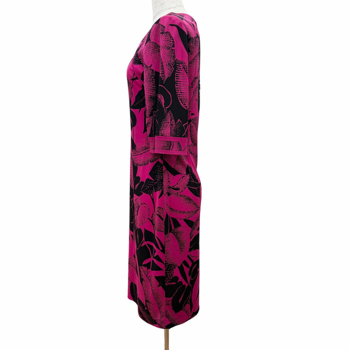 極美品△LEONARD FASHION レオナール ファッション 0170211 総柄 六分袖 スクエアネック ワンピース ブラック ピンクパープル系 36 正規品