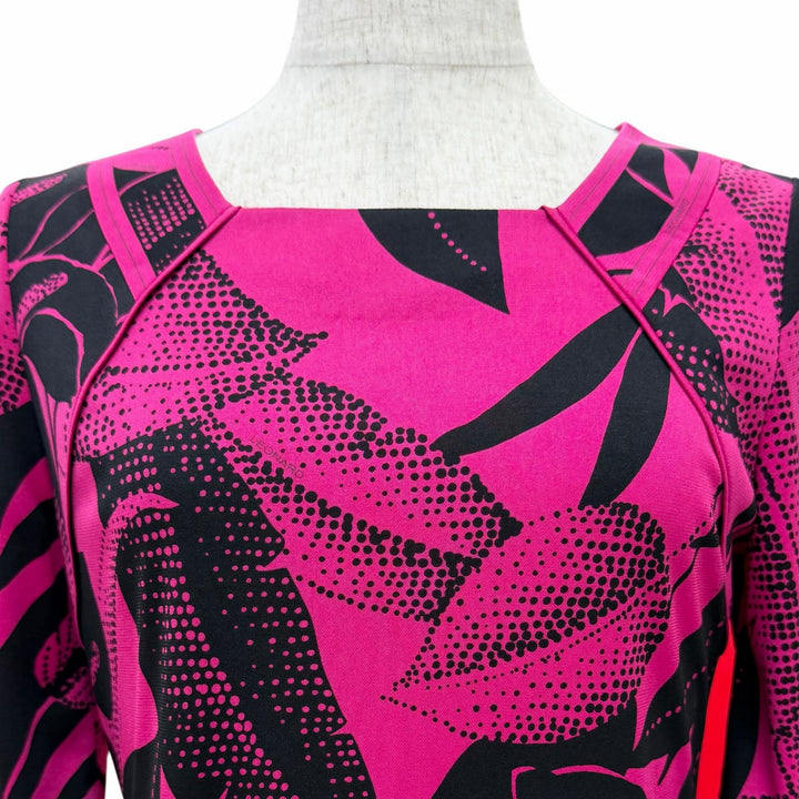 極美品△LEONARD FASHION レオナール ファッション 0170211 総柄 六分袖 スクエアネック ワンピース ブラック ピンクパープル系 36 正規品