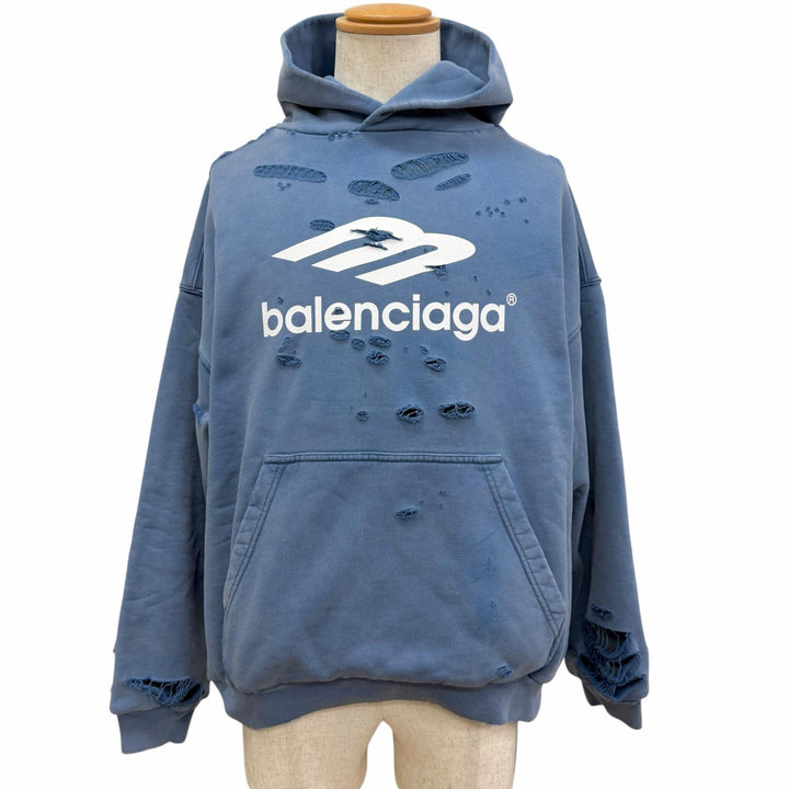 未使用品□BALENCIAGA バレンシアガ 25SS 818598 Destroy Layered Sports Hoodie プルオーバーパーカー ライトブルー S 正規品 メンズ