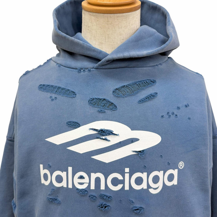 未使用品□BALENCIAGA バレンシアガ 25SS 818598 Destroy Layered Sports Hoodie プルオーバーパーカー ライトブルー S 正規品 メンズ