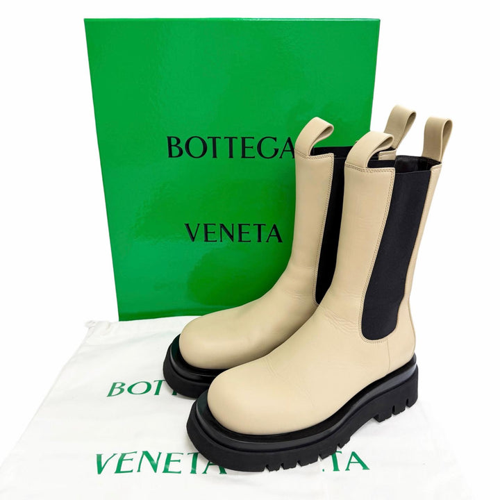 極美品△BOTTEGAVENETA ボッテガヴェネタ 592045 ザ ラグ サイドゴア チェルシーブーツ レザー ミドル ブーツ ベージュ ブラック 38 伊製