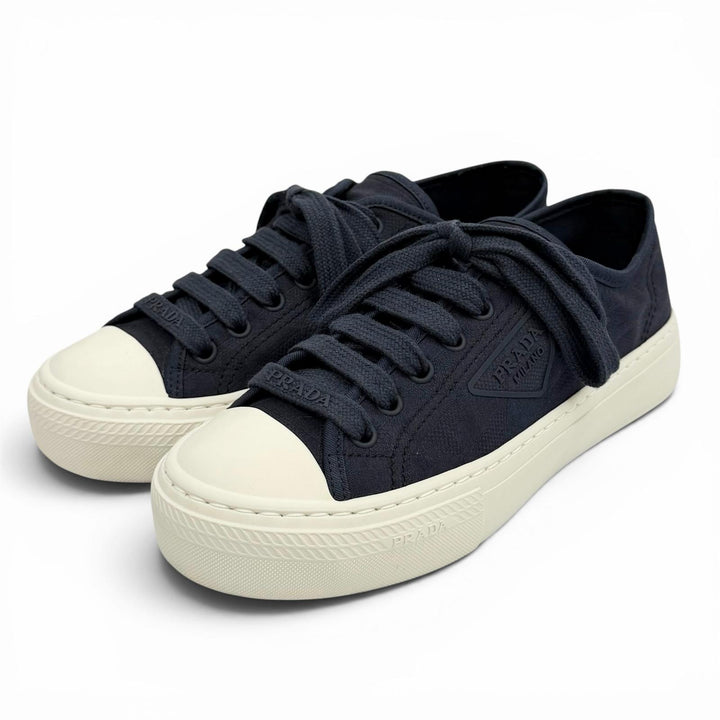 美品★PRADA プラダ 1E407N トライアングルロゴ パターン ファブリック スニーカー ネイビー 36.5 イタリア製 レディース 保存袋付き