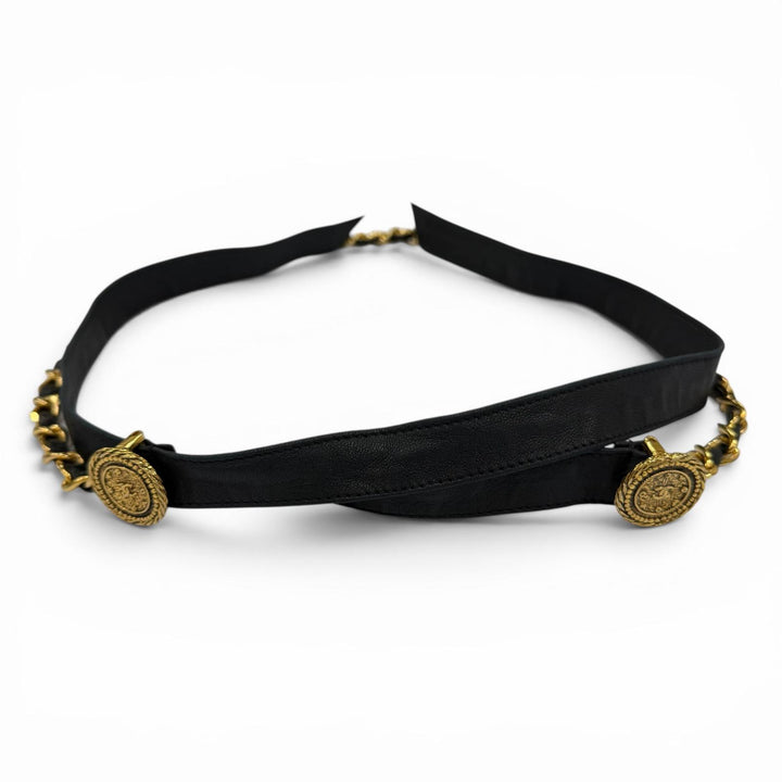 美品☆CHANEL シャネル ヴィンテージ C107 ココマーク チェーン レザー リボンベルト ブラック ゴールド金具 レディース 箱付き