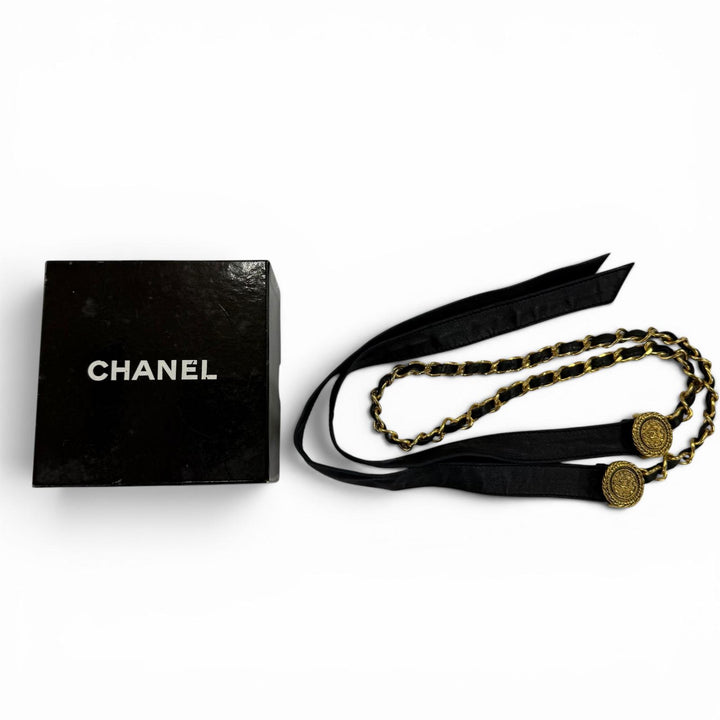 美品☆CHANEL シャネル ヴィンテージ C107 ココマーク チェーン レザー リボンベルト ブラック ゴールド金具 レディース 箱付き