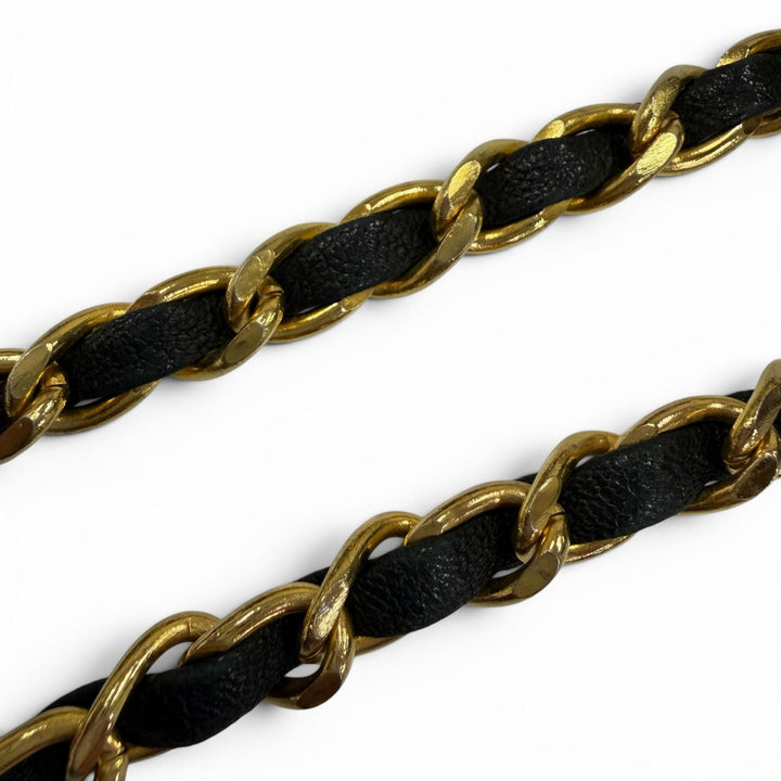 美品☆CHANEL シャネル ヴィンテージ C107 ココマーク チェーン レザー リボンベルト ブラック ゴールド金具 レディース 箱付き