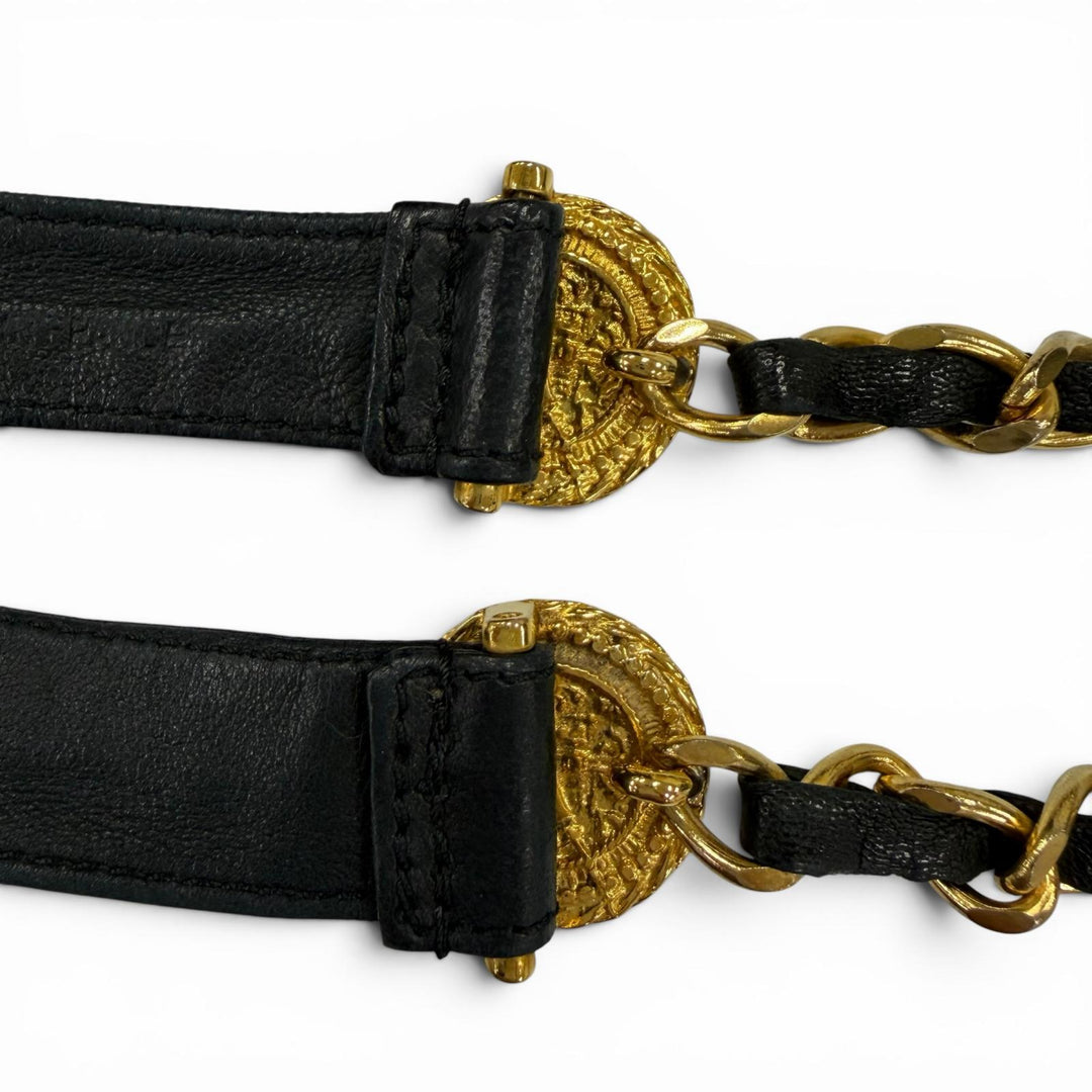 美品☆CHANEL シャネル ヴィンテージ C107 ココマーク チェーン レザー リボンベルト ブラック ゴールド金具 レディース 箱付き